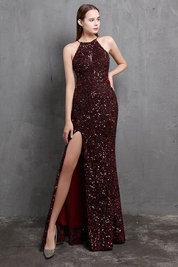 Vestido longo de baile de lantejoulas borgonha com fenda